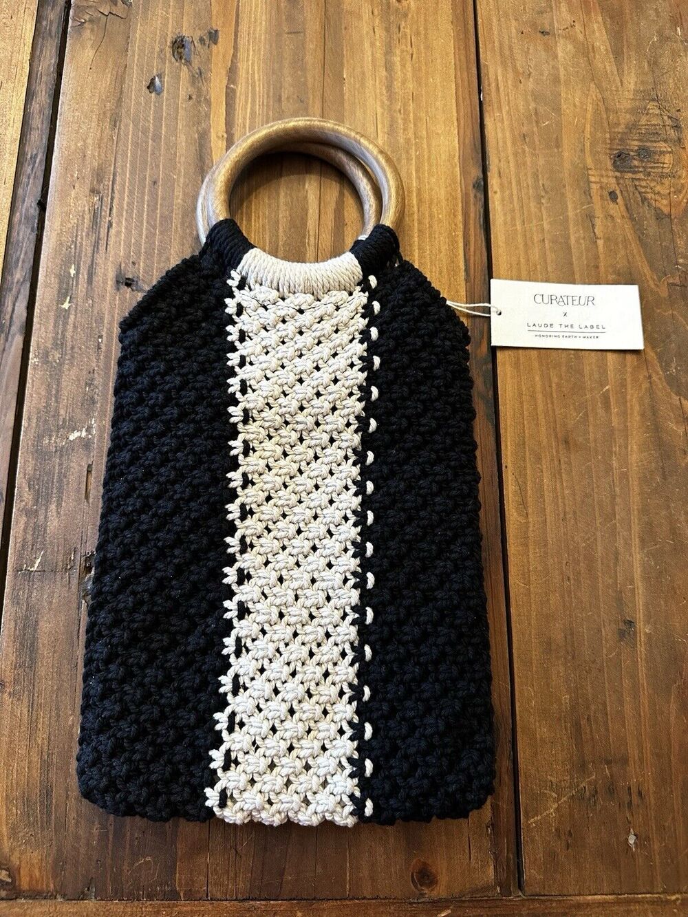 Laude The Label X Curateur Gabby Macrame Bag Handbag Off-White/Black Stripe NWT